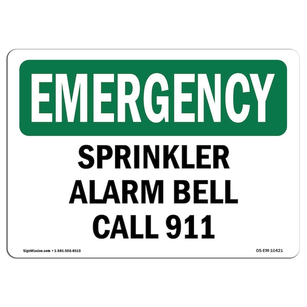 Safety Sign, OSHA EMERGENCY, 3.5" Height, Sprinkler Alarm Bell Call 911, Landscape, 10PK
